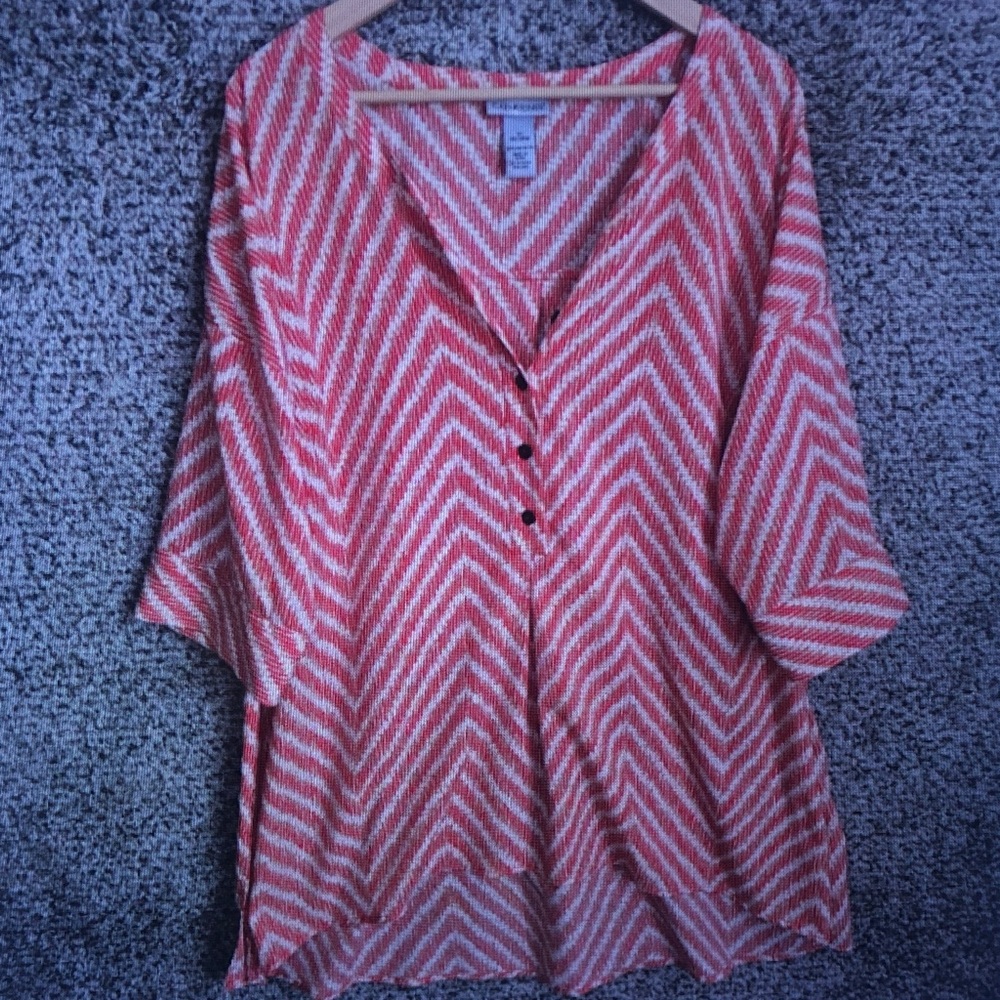 Democracy Coral and White Chevron Tunic with Button Front